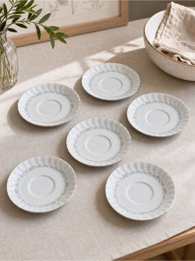 Style House Fine China Carillon Set of 6 Saucers Blue Scroll Silver Trim